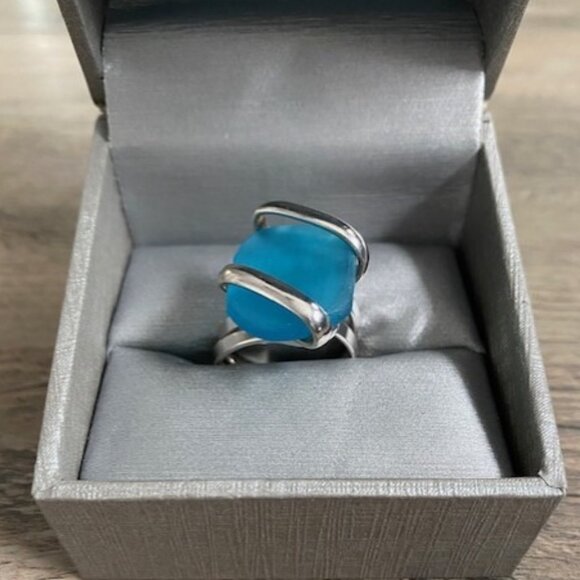 Azure Blue Beach Sea Glass Adjustable Silver RIng Sz 7 - Picture 2 of 10